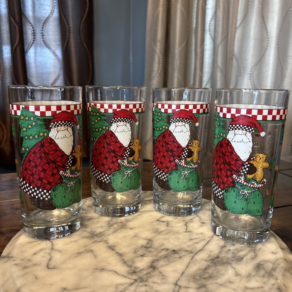 4pc VTG Anchor‎ Hocking Santa Christmas Tumblers Glasses